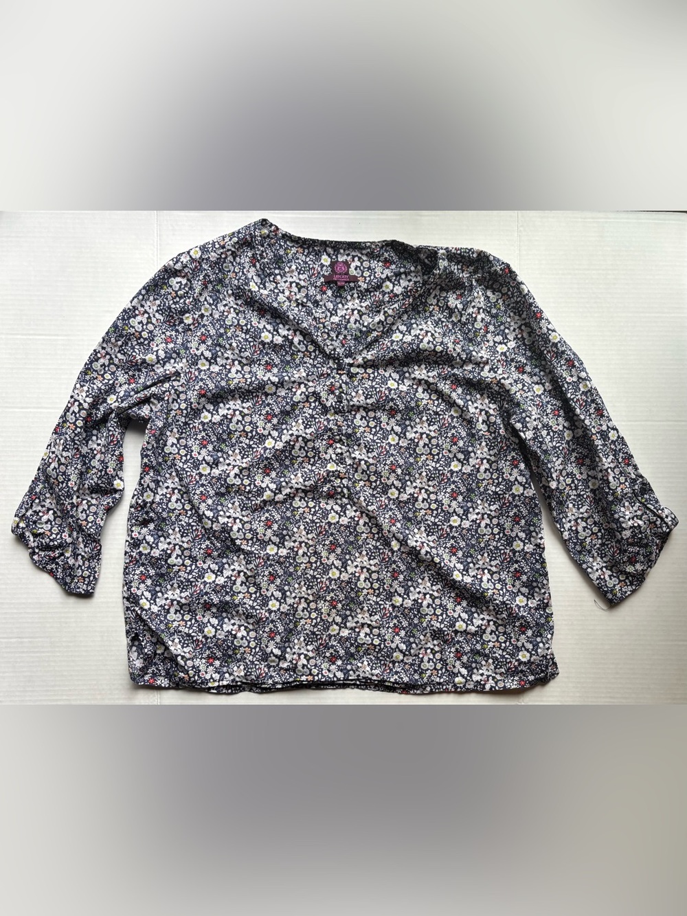 Liberty art print ditsy floral navy blue red white ruffle  cotton blouse